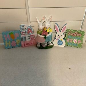 Easter Bunny Couple Figurine with Pastel Sign Accents - White & Pink